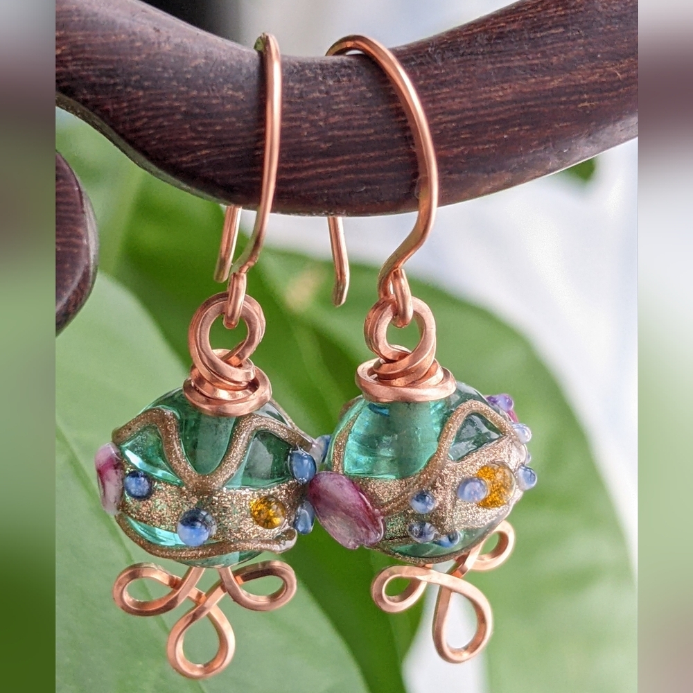 Venetian Emerald Glass Bead Earrings Copper Wire Wrap Colorful Handmade - Picture 8 of 14